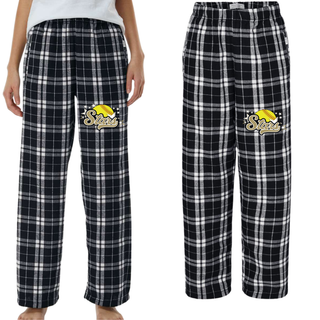 Black and white plaid flannel pants shown on adult model and youth flat lay with gold and yellow SL Stars softball logo featuring yellow softball gold script Stars and star burst DTF print on lower left leg on white background