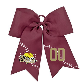 Maroon grosgrain ponytail bow with white softball stitch design gold SL Stars softball logo on left tail and gold player number on right tail on white background