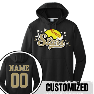 Black performance hoodie with large yellow softball gold script Stars star burst DTF print on chest and back view closeup showing gold name and number customization option on white background