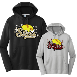 Black and silver moisture-wicking performance hoodies shown side by side with large yellow softball gold and maroon script Stars and star burst DTF print on chest on white background