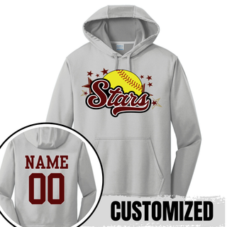  Silver performance hoodie with large yellow softball maroon script Stars star burst DTF print on chest and back view closeup showing maroon name and number customization option on white background