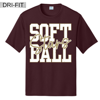 maroon dri fit performance top with petite stars softball graphic in stacked lettering