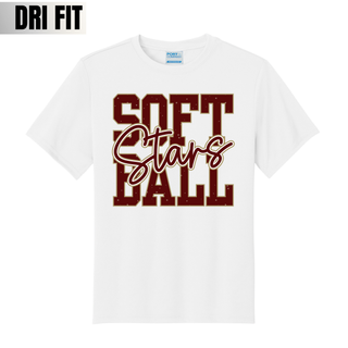 white dri fit performance top with petite stars softball graphic in stacked lettering