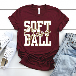 maroon graphic top with petite stars softball print styled with jeans and white sneakers
