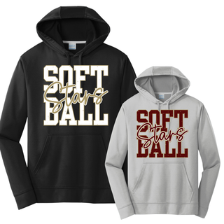 black performance hoodie with petite stars softball graphic in stacked lettering