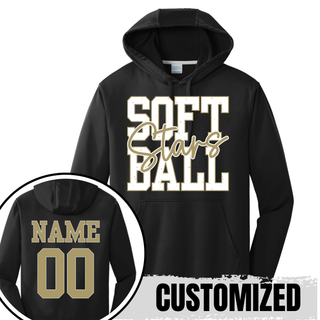 black performance hoodie with petite stars softball graphic featuring optional custom name and number on back