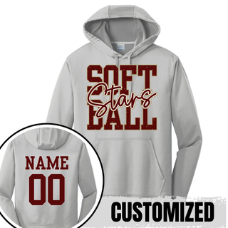 grey performance hoodie with petite stars softball graphic in stacked lettering