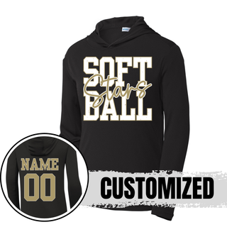 black hoodie with petite stars softball front graphic and back name number mockup