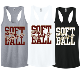 white black and heather grey womens racerback tanks with petite stars softball front graphic