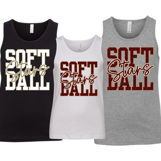 youth jersey tanks in white black and athletic heather with petite stars softball front graphic