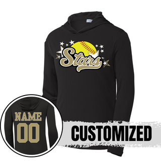 Black Sport-Tek PosiCharge pullover hoodie with large yellow softball gold script Stars and white star burst DTF print on chest and back view closeup showing gold name and number customization on white background