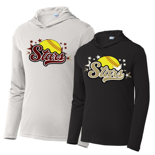 Silver and black Sport-Tek PosiCharge moisture-wicking pullover hoodies shown side by side with large yellow softball maroon and gold script Stars and star burst DTF print on chest on white background