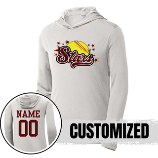 Silver Sport-Tek PosiCharge pullover hoodie with large yellow softball maroon script Stars and maroon star burst DTF print on chest and back view closeup showing maroon name and number customization on white background