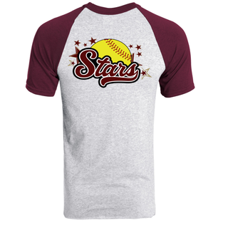 Heather grey and maroon raglan top with SL Stars Softball yellow softball script stars logo on white background