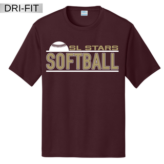 Maroon dri-fit performance top with SL Stars Softball rising ball gold and maroon block letter design on white background