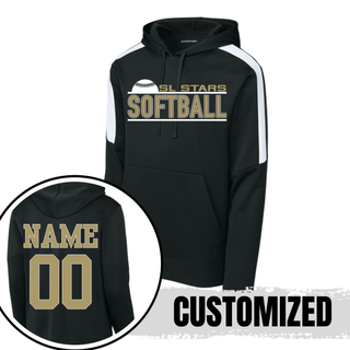 Black colorblock performance hoodie with SL Stars Softball rising ball design on front and gold player name and number on back
