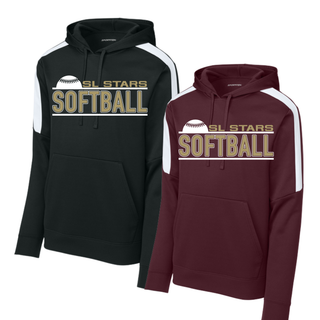 Black and maroon colorblock performance hoodies with white sleeve stripe and SL Stars Softball rising ball gold block letter design on white background