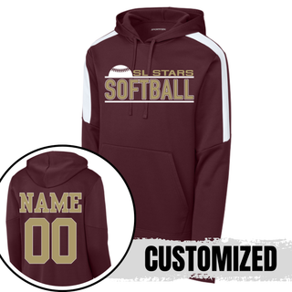 Maroon colorblock performance hoodie with SL Stars Softball rising ball design on front and gold player name and number on back