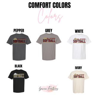 Comfort Colors tee swatches in pepper grey white black and ivory with SL Stars Softball rising ball design