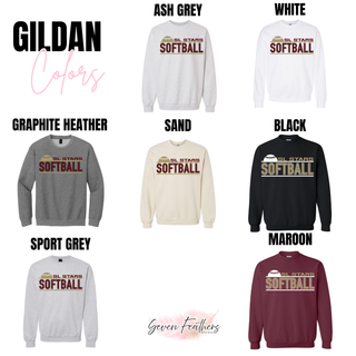 Gildan sweatshirt color swatches in ash grey white graphite heather sand black sport grey and maroon with SL Stars Softball rising ball design