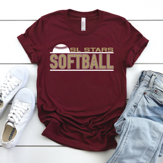 Maroon graphic top with SL Stars Softball rising ball and gold block letter design laid flat with white sneakers and jeans