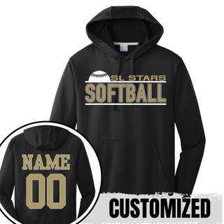  Black performance hoodie with SL Stars Softball rising ball design on front and gold player name and number on back