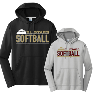 Black and silver performance hoodies with SL Stars Softball rising ball gold and maroon block letter design on white background