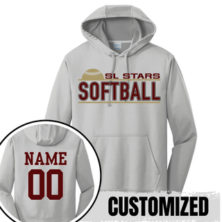 Silver performance hoodie with SL Stars Softball rising ball design on front and maroon player name and number on back