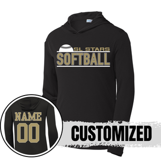 Black lightweight pullover hoodie with SL Stars Softball rising ball design on front and gold player name and number on back