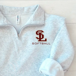 Ash grey SL Stars Softball cadet quarter zip with maroon and gold SL logo on left chest laid flat