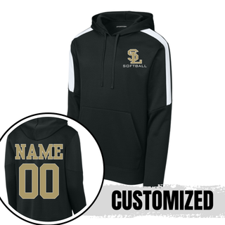 Black SL Stars Softball colorblock performance hoodie with white sleeve stripe and custom gold name and number on back