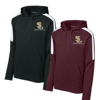 Black and maroon SL Stars Softball colorblock performance hoodies side by side with white sleeve stripe and gold SL logo