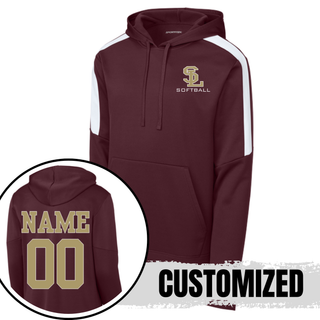 Maroon SL Stars Softball colorblock performance hoodie with white sleeve stripe and custom gold name and number on back