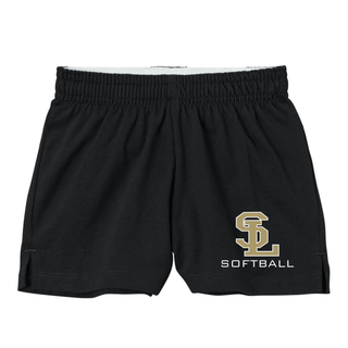 Black SL Stars Softball jersey knit shorts with gold and white SL logo on leg