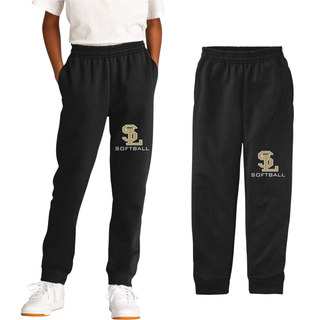 Black SL Stars Softball fleece jogger with gold SL logo on leg shown on model and flat lay