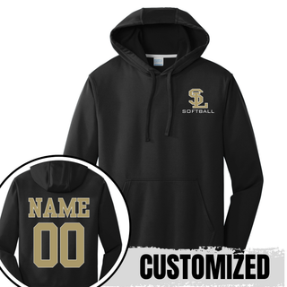 Black SL Stars Softball performance hoodie with gold SL logo on chest and custom gold name and number on back