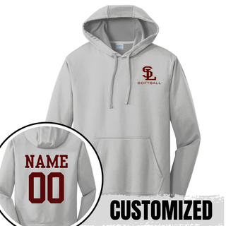 Silver SL Stars Softball performance hoodie with maroon SL logo on chest and custom maroon name and number on back