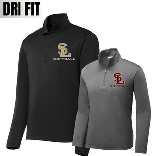 Black and grey concrete SL Stars Softball dri-fit quarter zip pullovers side by side with left chest SL logo