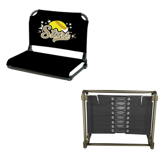 Black padded stadium seat shown from front angle with SL Stars softball DTF print and back view showing reinforced bungee lacing and dual bleacher hooks on white background