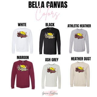  SL Stars Softball Stars Bella Canvas crewneck and long sleeve shown in white, black, athletic heather, maroon, ash grey, and heather dust with yellow softball maroon script Stars and star burst DTF print on white background