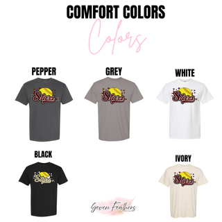 SL Stars Softball Stars Comfort Colors top shown in pepper, grey, white, black, and ivory with yellow softball maroon script Stars and star burst DTF print on white background