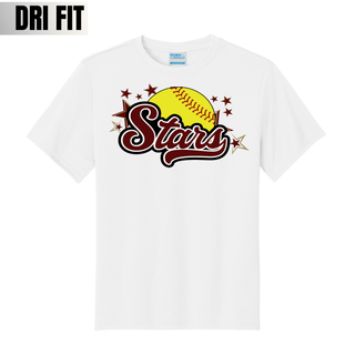 White moisture-wicking dri-fit performance top with large maroon gold and yellow SL Stars softball logo featuring yellow softball maroon script Stars text and maroon gold star burst DTF print on white background