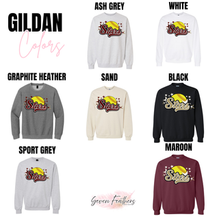 SL Stars Softball Stars Gildan crewneck shown in ash grey, white, graphite heather, sand, black, sport grey, and maroon with yellow softball maroon script Stars and star burst DTF print on white background