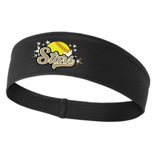 Black moisture-wicking PosiCharge athletic headband with gold white and yellow SL Stars softball logo featuring yellow softball gold script Stars text and white star burst DTF print centered on front on white background