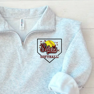 Ash grey Jerzees cadet quarter zip sweatshirt with Stars script softball home plate graphic on left chest, styled flat lay on white wood surface