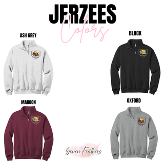Stars Script home plate design on Jerzees cadet quarter zip sweatshirts shown in ash grey, black, maroon, and oxford
