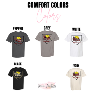 Stars Script home plate design on Comfort Colors short sleeve tees shown in pepper, grey, white, black, and ivory