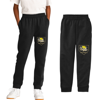 Youth and adult black core fleece joggers with Stars script softball home plate graphic in gold on left leg, shown on model and flat lay