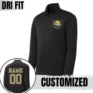Black unisex dri-fit quarter zip pullover with Stars script home plate graphic on left chest and customized name and number on back in gold