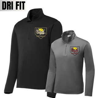 Black and grey unisex dri-fit quarter zip pullovers with Stars script softball home plate graphic on left chest in gold and maroon